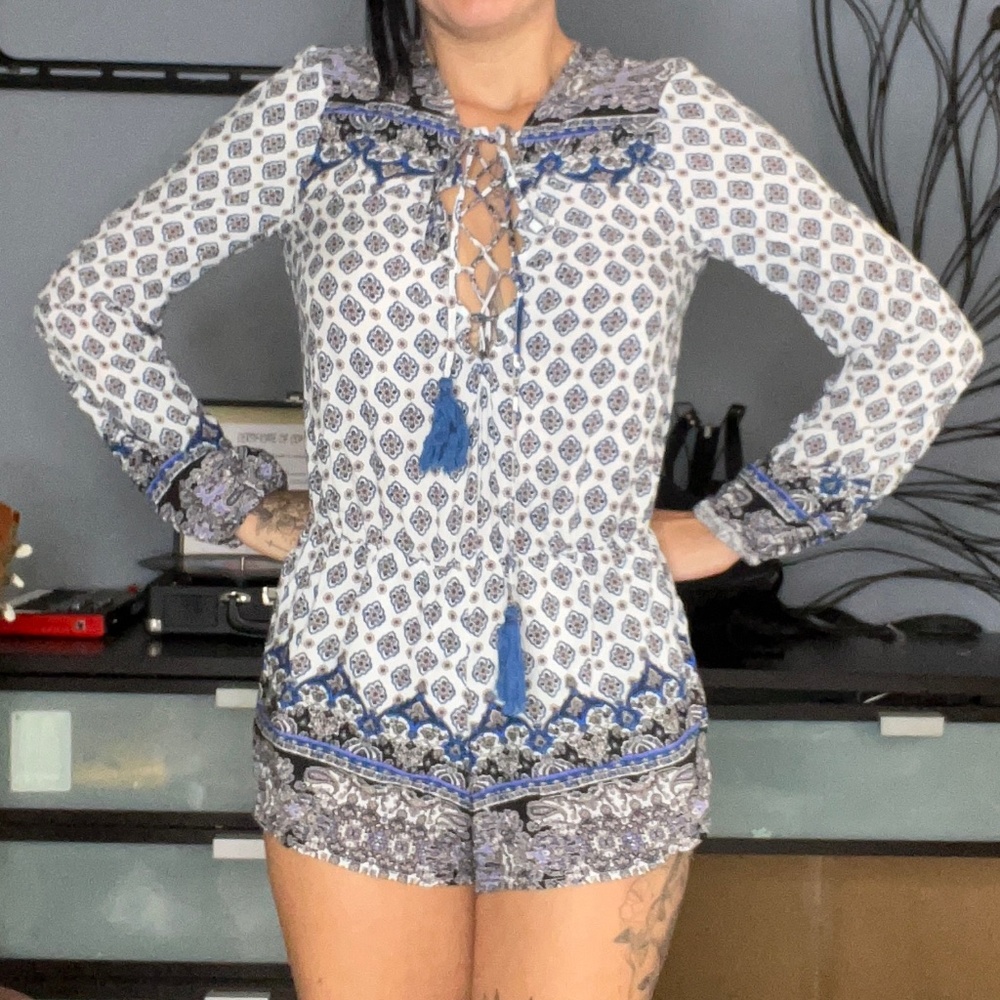 Blue and white romper